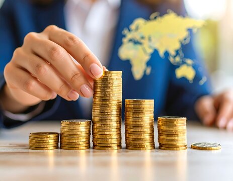 Businesswoman adding to stacks of gold coins