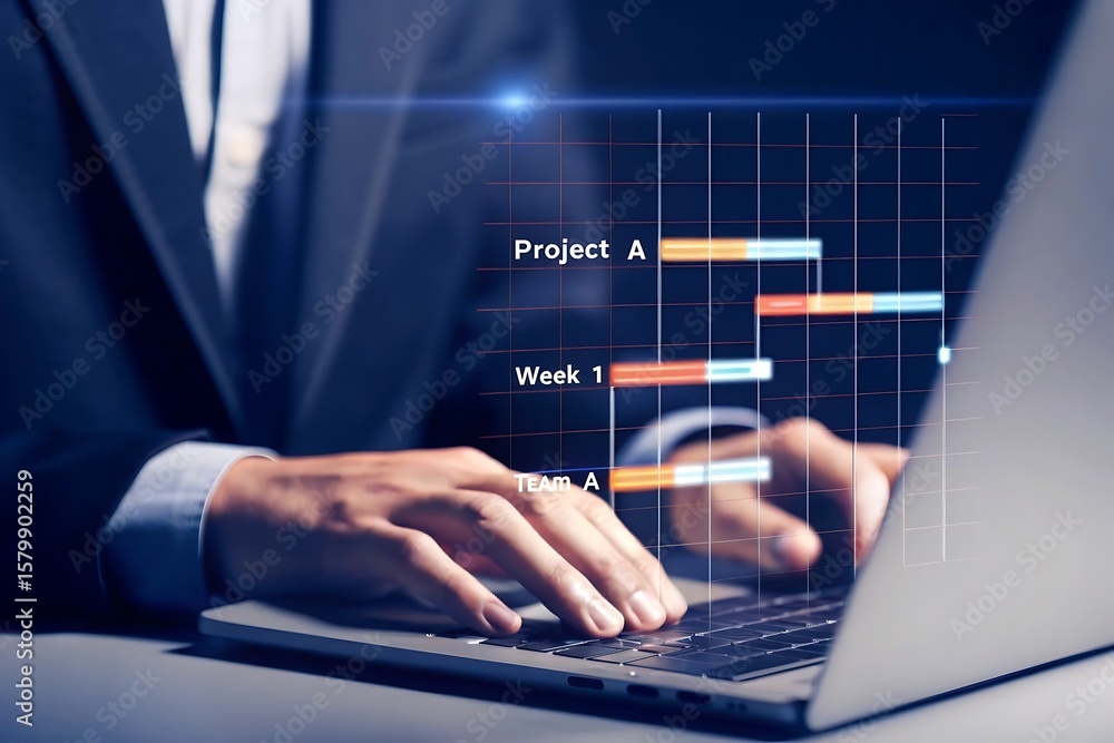 Aufkleber businessman using laptop with project management chart overlay planning and tracking progress for bu