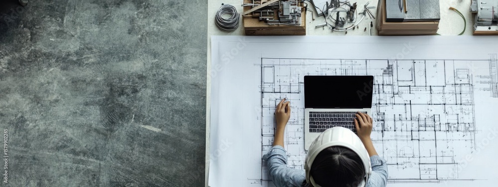 Poster architectural design, blueprint creation on laptop with layout planning and precision