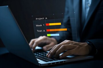Business professional analyzing project progress on laptop with virtual chart overlay focusing on project management and data analytics for success