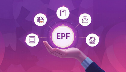 Hand holding an icon surrounded by multiple icons on a purple background highlighting Employee Provident Fund, EPF account features, employee benefits