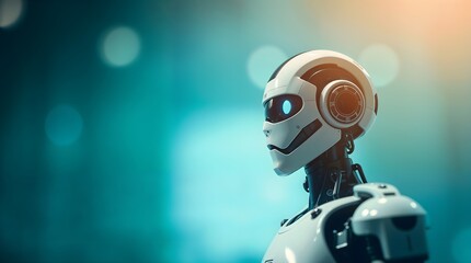 Sleek Futuristic Robot with Glowing Blue Eyes on Tech Background