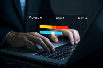 Project Management on Laptop with Gantt Chart Overlay Showing Tasks and Timeline for Successful Execution