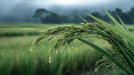 Green rice plant with dew drops in lush field, misty background, fresh and peaceful atmosphere, nature landscape