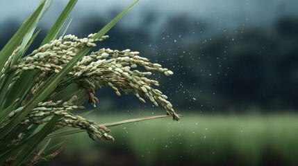 Rice field green paddy raindrop nature agriculture outdoor closeup rural fresh growth peaceful scene
