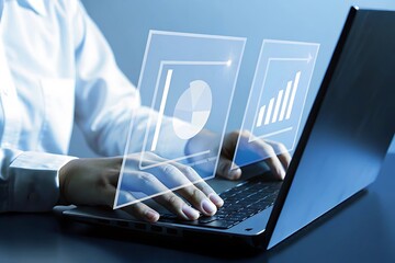 Analyzing Business Data with Laptop and Chart Overlays for Strategic Decision Making in Modern Business Environment