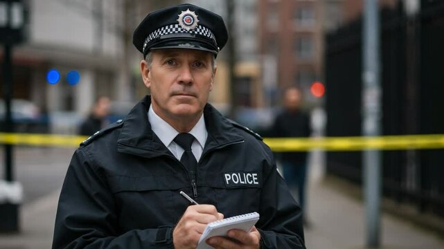 Police. Serious middle-aged Caucasian male officer writing in a notebook at an urban crime scene with yellow tape.