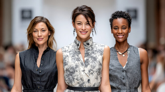 Three diverse female models confidently walk the runway in stylish sleeveless dresses during a fashion show.