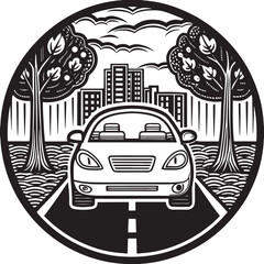 City Drive with Car and Skyline Illustration