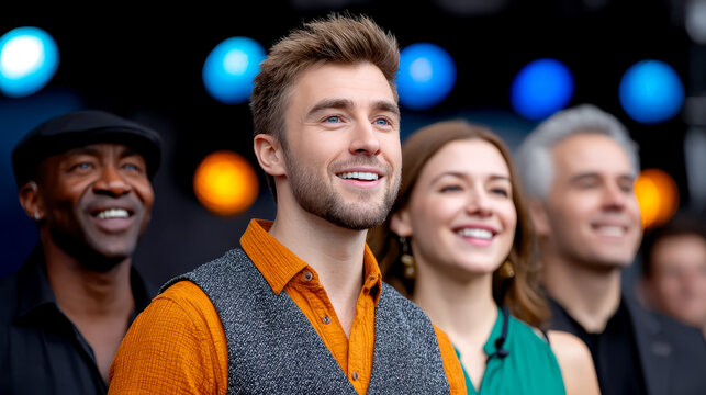 A diverse group of smiling adults attentively watching an event or presentation with colorful lights in the background.