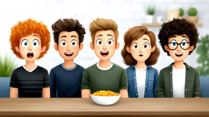 Five animated characters with varied hair colors and expressions sitting behind a table with a bowl of cereal.