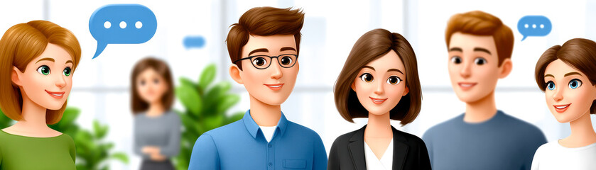 A diverse group of five animated young professionals engage in a friendly conversation with speech bubbles, set in a modern office environment.