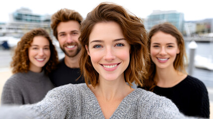 Four friends taking a cheerful selfie outdoors near a waterfront with boats and buildings in the background.