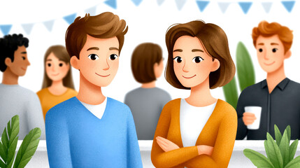 A diverse group of people casually socializing indoors, with two individuals in the foreground smiling and engaging confidently.