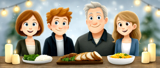 A cheerful family of four enjoys a cozy dinner together with dishes and candles on the table, surrounded by warm string lights.