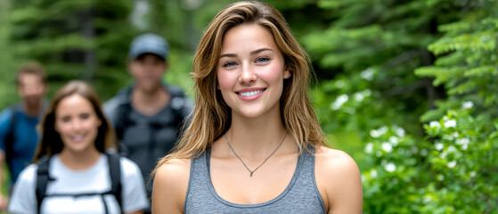 A young woman smiles at the camera while hiking on a forest trail with two companions walking behind her.