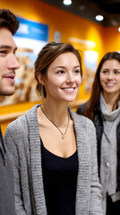 Three young adults smiling and enjoying a visit to an art gallery with warm lighting and paintings on vibrant orange walls.