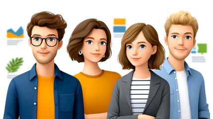 Four diverse young professionals stand confidently, smiling with casual and smart-casual attire, representing a modern, collaborative workspace environment.