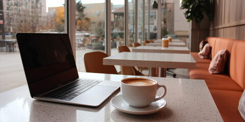 Cafe coffee break with laptop in a minimalist environment modern workspace aesthetic