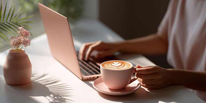 Creating a cozy workspace minimalist coffee and laptop setup in a tranquil modern ambiance for enhanced productivity