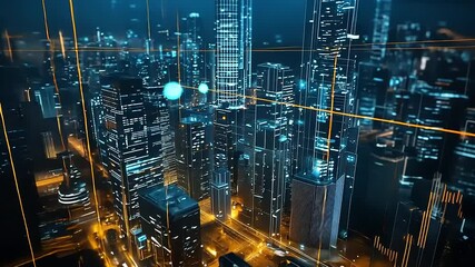 Futuristic city skyline at night with glowing skyscrapers and digital data overlays showcasing technology - Powered by Adobe