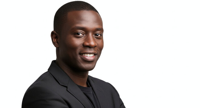 Portrait of a smiling african american man in a black suit against a plain white studio background view - Powered by Adobe