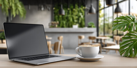 Cafe coffee experience minimal workspace with laptop in modern environment