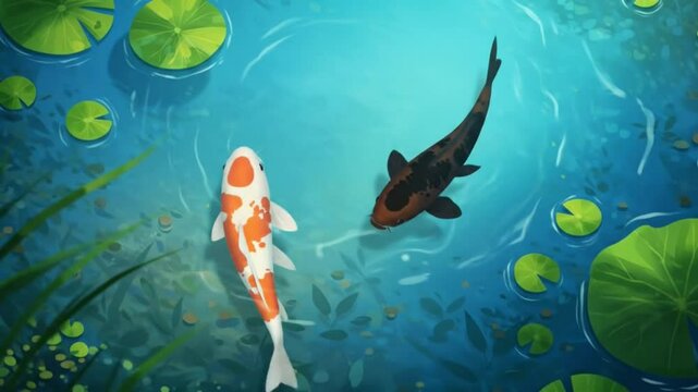 Two koi fish swimming in a pond with lily pads.