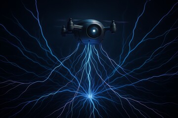 Neural rays connecting to floating drone, futuristic AI control system