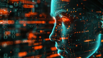 Futuristic AI female face with digital data.