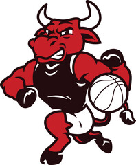 Cartoon bull mascot character playing basketball in retro vintage style college sports theme