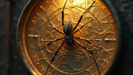  A spider meditates in golden silence as gears turn, cobwebs catching glints of time in a ticking mechanical cathedral