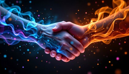 the image shows a handshake, rendered in a visually striking and abstract manner, the hands are the main subject