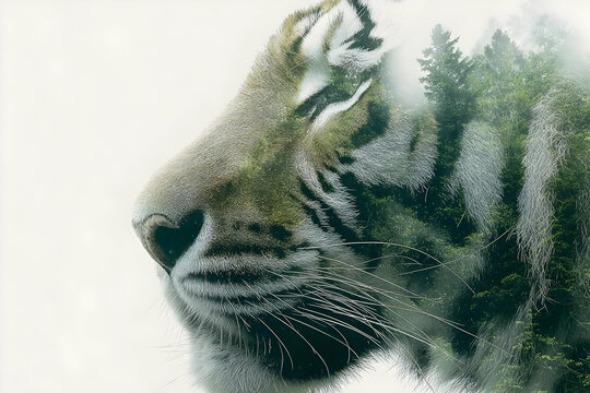 Double Exposure Tiger Face Blended with Dense Green Forest Art. - Powered by Adobe
