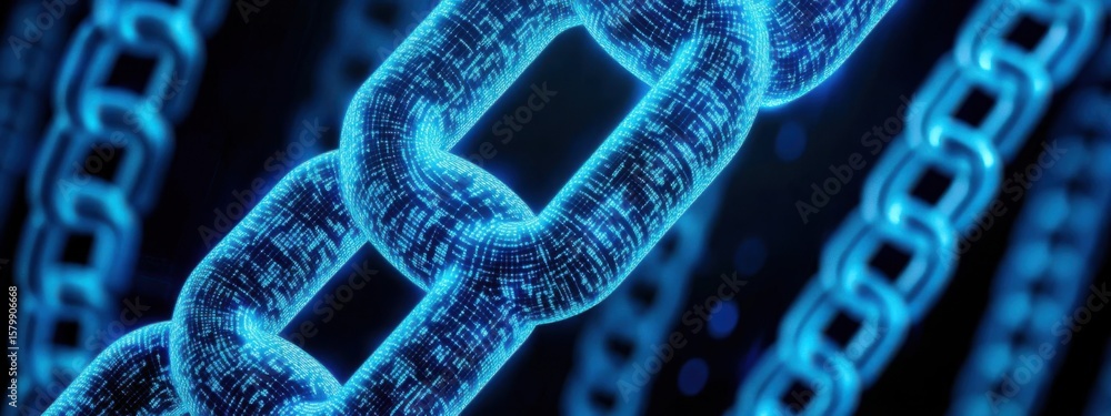 Poster blue glowing chain links connect data and security with digital theme.