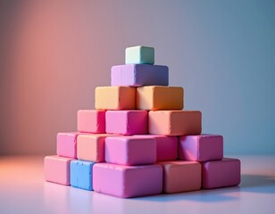 the image features a pyramid constructed from stacked, rectangular blocks, the blocks ascend in decreasing size, creating a stepped pyramidal shape