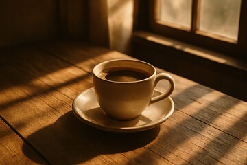 Obraz premium Warm Cup of Coffee on Wooden Table with Morning Light