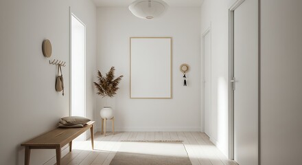 Elegant Minimalist Hallway with Blank Frame Mockup for Art or Decor Display