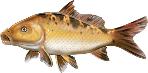 Elegant illustration of a koi fish (Cyprinus rubrofuscus), showcasing its flowing fins and vibrant patterns in shades of orange, red, and white. Symbolizing luck, perseverance, and prosperity .