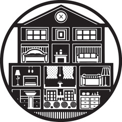 Naklejka premium A Detailed Cross-Sectional View of a Multi-Story House with Furnished Rooms