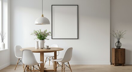 Minimalist dining room interior with a round table, white chairs, and a blank picture frame for your artwork or advertisement