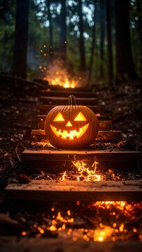  A glowing jack-o&rsquo;-lantern placed in the center of a burning ritual circle made of twi
