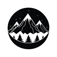 Fototapeta premium Black and white mountain range illustration with stars and pine trees