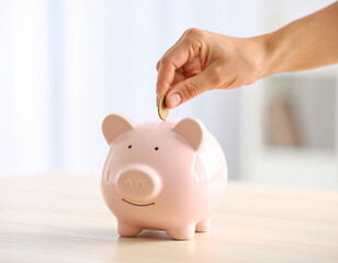 Hand Saving Coin into Piggy Bank &ndash; Close-Up of Hand Dropping Coin into Cute Money Box, Financial Savings Concept, Budget Planning, Investment, and Personal Finance Symbol on Clean Background

