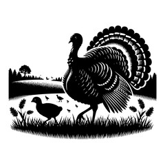 Majestic turkey and chicks in a grassy field under a setting sun