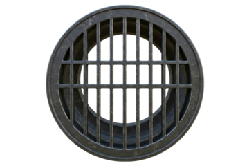 Top-down view of a circular metal manhole cover and drain grate isolated on a transparent background