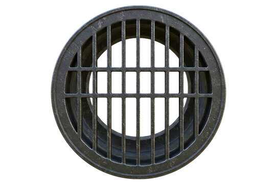 Top-down view of a circular metal manhole cover and drain grate isolated on a transparent background