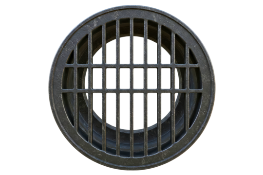Top-down view of a circular metal manhole cover and drain grate isolated on a transparent background