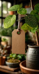 A blank brown plant tag hangs from a twine string attached to a vibrant green Peperomia plant with intricate leaf veins nestled amongst other potted plants on a wooden surface