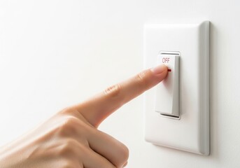 A finger is turning off a light switch on a white wall